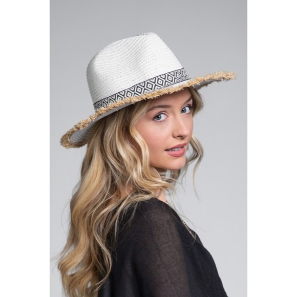 Accessories - SOLD OUT White Ethnic Frayed Trim Straw Women's Panama Hat